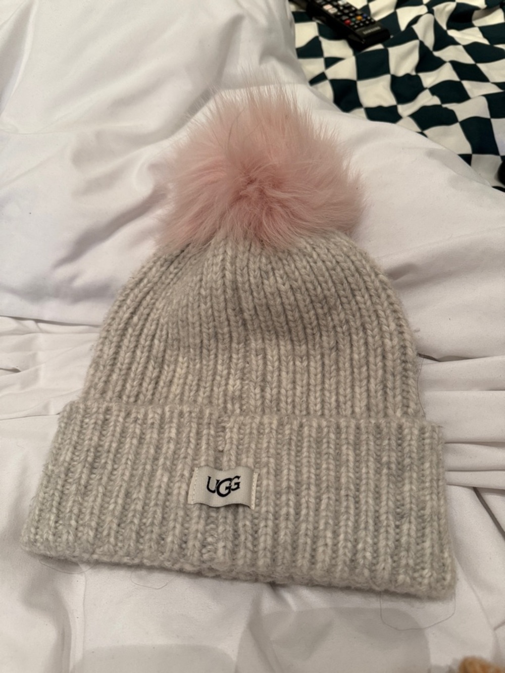 UGG light grey Knit Beanie with Blush Pom